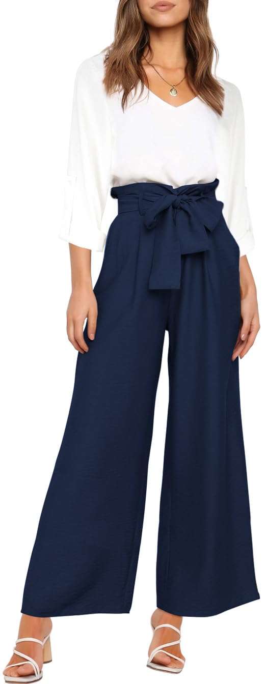 FANCYINN Womens 2 Piece Outfit Set V Neck Long Sleeves Tops High Waisted Paper Bag Pants with Belt