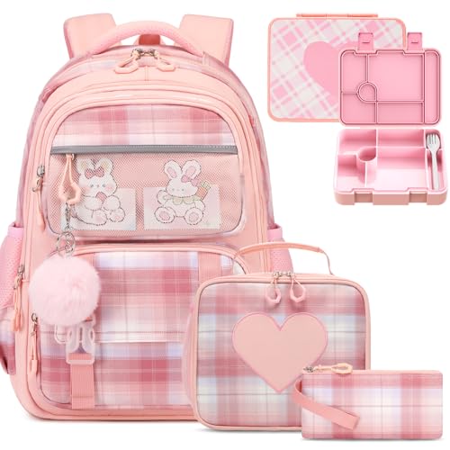 Bevalsa Kids Backpack for Girls with Bento Lunch Box Set, Plaid Purple Bookbag Backpack for Girls Kid, 43oz Lunch Containers Lunchbox, Insulated Lunch Bag & Pencial Case, Back To School Gift