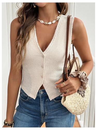 Image of GORGLITTER Women's Sleeveless Knit Sweater Vest Top Dressy Trendy Business Casual Button Up Work Blazer Vests Waistcoat Apricot Medium
