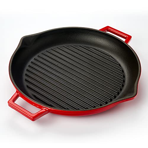 Lava Enameled Cast Iron Steak Grill Pan With Side Drip Spouts - 12 Inch Round, Three Layers Of Enamel Coated Cast Iron Griddle Skillet With Loop Handles, Glass Lid And Metal Knob (Red) #TOP2