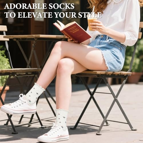 Image of 6 Pairs Cute Floral Ruffle Crew Socks Women, Breathable Cotton Novelty Casual Girls Above Ankle Funny Socks US 5-10