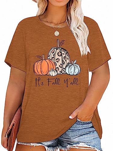 Plus Size Halloween Pumpkin Shirt Women Its Fall Yall Print Short Sleeve Thanksgiving Gift Tee Tops(1X-5X)