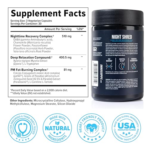 Night Shred Black Melatonin-Free Nighttime Fat Burner and Sleep Support Supplement - GABA Complex with Ashwagandha, CLA, Grains of Paradise, and Zylaria - Thermogenic Fat Burner - 90 Vegan Capsules - Image 5