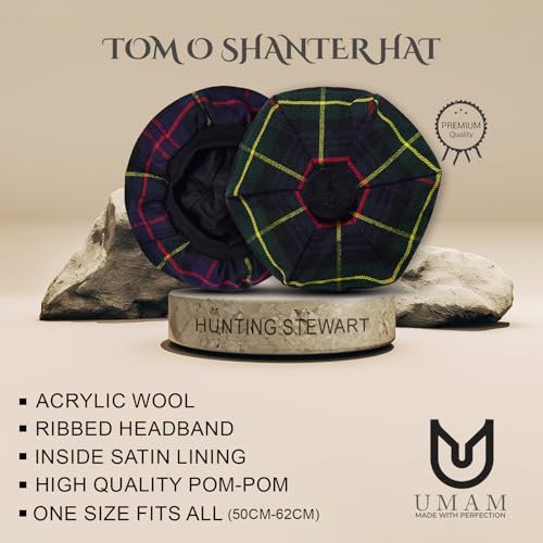 Image of Scottish Tam O' Shanter Hat Tartan Bonnet Pom Pom Wool Flat Cap One Size