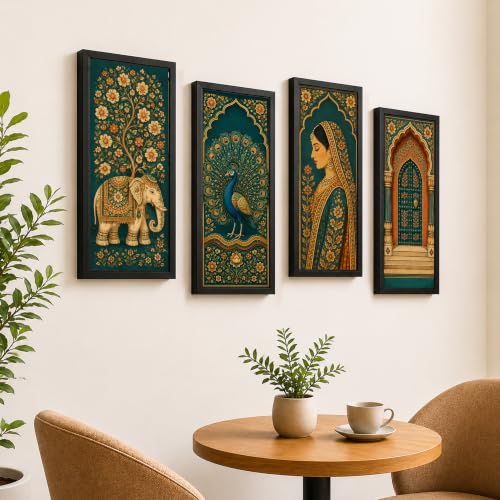 Image of PAINTINGMANTRA Royal Peacock & Elephant Framed Wall Art Painting For Living Room | Traditional Heritage, Peacock, Elephant Painting with Frame for Living Room, Bedroom, Set of 4, Size- 9.5x19.5 In