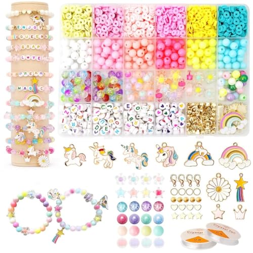 Image of Hudux Clay Beads for Bracelet Making Kit, Heishi Bead for Jewelry Making, Friendship Bracelet Kit, Spacer Beads for Adult Necklace Earring DIY (Unicorn)