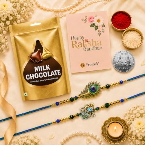 Image of Frostick Rakhi Gift Set for Brother with Kisses Chocolate Includes Set of 2 Premium Rakhis Card and Tikka Ideal Raksha Bandhan Combo for Bhaiya Boys, Kids and Men