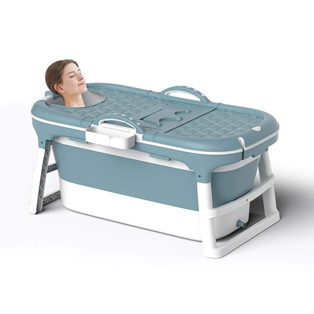 W WEYLAN TEC 47 inch Luxury Large Foldable Bath Tub Bathtub for Toddler Children Twins Petite Adult with Lid Handle Drain Hose Blue