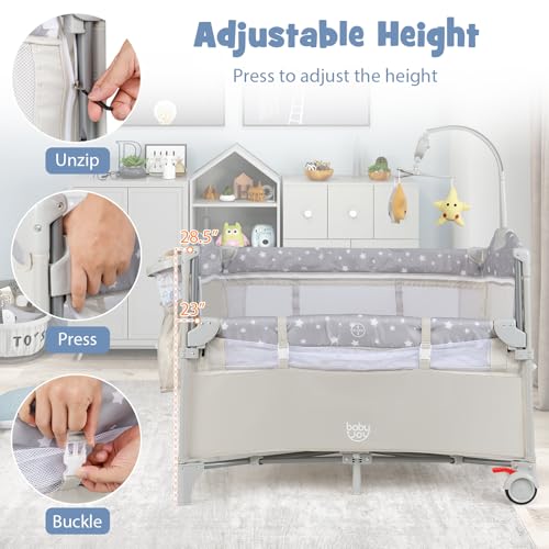 Image of BABY JOY 5-in-1 Pack and Play, Portable Baby Bedside Sleeper with Bassinet, U-Shaped Diaper Changer, Safety Strap, Side Zipper Entrance, Hangings, Bedside Crib Playard from Newborn to Toddlers (Beige)