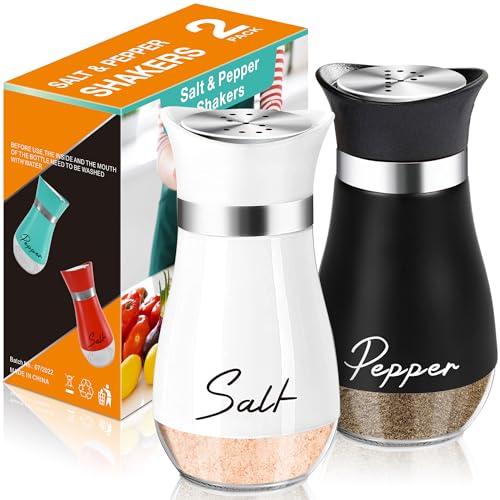 Salt and Pepper Shakers Set,4 oz Glass Bottom Salt Pepper Shaker with Stainless Steel Lid for Kitchen Gadgets Cooking Table, RV, Camp,BBQ Refillable Design (White + Black)