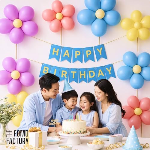 Image of The FOMO Factory All-You-Need Rainbow Decoration Kit | Balloon Flower Clips + Pastel Balloons + Golden HBD Banner | Flower balloons for decoration | Kids Unicorn Birthday (RainbowFC)