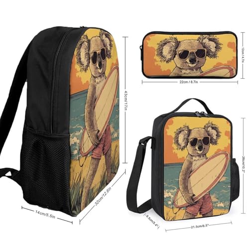 Koala Surfing Surfer Surfboard Classic Backpack Lunch Bag Pencil Case 3 Piece Set Travel Daypack2