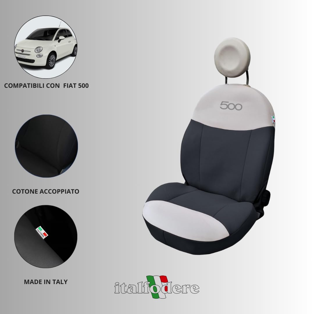 Italfodere - Coppia Coprisedili Auto Anteriori Compatibili con Fiat 500 dal 2007 in poi - Accessori Auto Interni - Cotone Accoppiato - Confortevoli e Resistenti - Made in Italy - Antracite e Panna