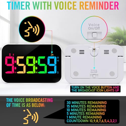 TXL Kitchen Timer for Cooking, Rechargeable Digital Magnetic Timer with Large LED Display, Loud Alarm, Sound Countdown, 4 Volume Levels and 3 Brightness for Classroom, Study (RGB) - Image 4