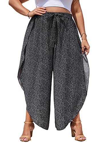 WDIRARA Women's Plus Size Printed Tie Front Wide Leg Pants Asymmetrical Hem Pants