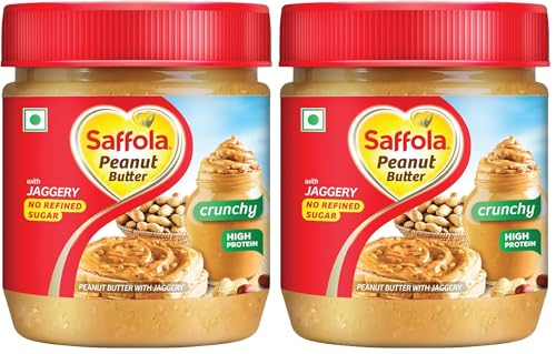Image of Saffola Peanut Butter with Jaggery, Crunchy 350 gm | High Protein Peanut Butter | No Refined Sugar (Pack of 2)