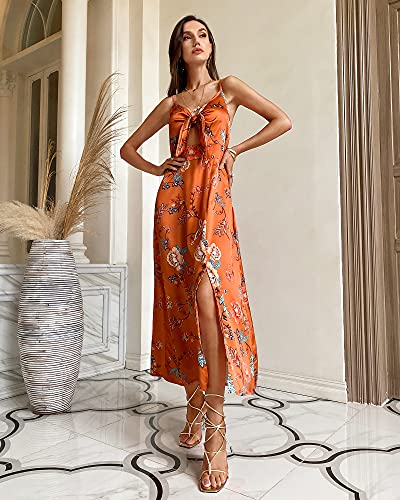 Image of Fashionme Women Spaghetti Strap Midi Satin Dresses Tie Front Backless Slit Cutout Dress Semi-Formal /Casual Flowy Lightweight