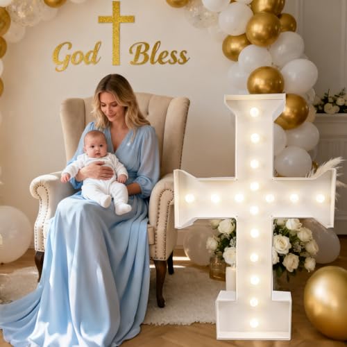 Assemfly 3FT Marquee Cross for Baptism Christening Party Light Up Cross for Mi Bautizo Large Marquee Frame Cross for First Holy Communion Decor Baptism Theme Party Decorations