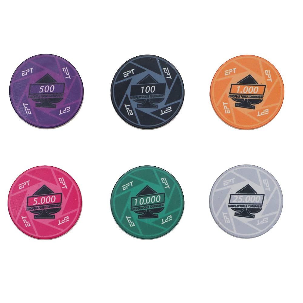 Poker Stuff India EPT 500 Ceramic Poker Chip Set from Denomination 100 to 25000 with 1 Dealer Button, 2 Modiano Playing Card Decks and 1 Square Shape Luxury Box, Multicolor