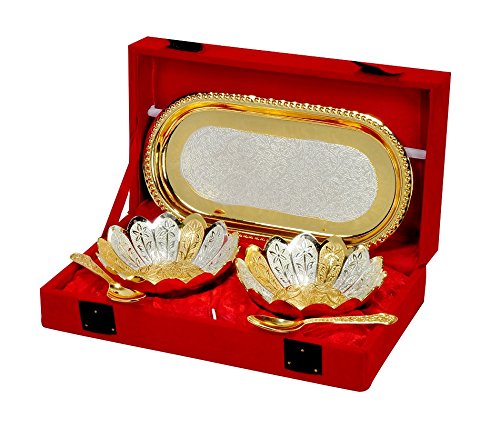 Silver And Gold Plated Floral Shaped Brass Bowl And Tray Set Of 5 Pcs