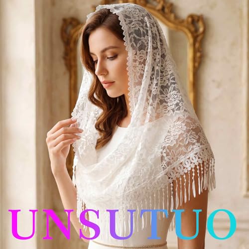 Image of Unsutuo Triangle Mantilla Veil White Lace Chapel Veils with Comb Catholic Mass Head Covering Scarf for Brides and Women
