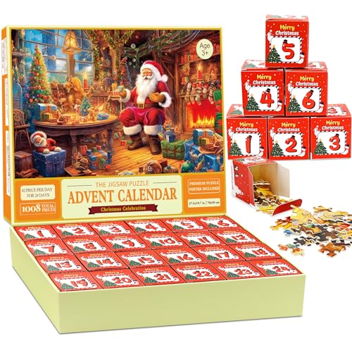 Der Original Puzzle Adventskalender 2025,1008 Teile Weihnachts Jigsaw Puzzle für Kinder Erwachsene, 24 Tage Countdown Bis Weihnachten für Mädchen Jungen Heimdekoration Weihnachtskalender 28' x 20'