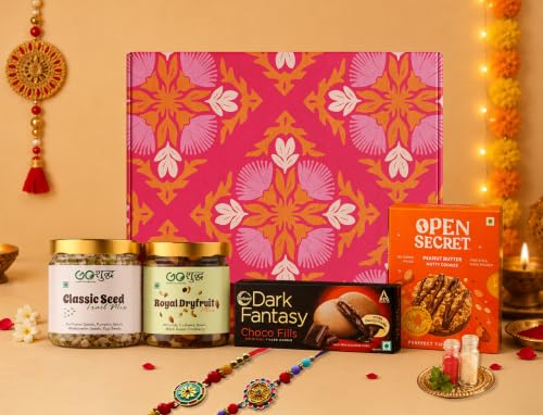 Image of Goshudh 6 Item Rakhi Gift Hamper for Brother & Sister | Classic Seed Trail Mix, Royal Dry Fruit Mix, Open Secret Peanut Butter Cookies, Dark Fantasy, Set of 2 Designer Rakhi with Roli Chawal | Raksha Bandhan Gift Box