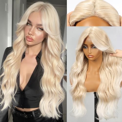 KOME Blonde Synthetic Lace Front Wig Beginner Friendly Wigs T Part Glueless Long Curly Wavy Wigs With Bangs for Women Cosplay Daily Use 28IN(#R10119)