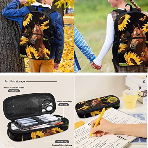 POLERO Sunflower Horse Schoolbag Bookbag Casual Backpack Set with Lunch Bag/Water Bottle Cover/Pencil Case for Women Girls Teens4