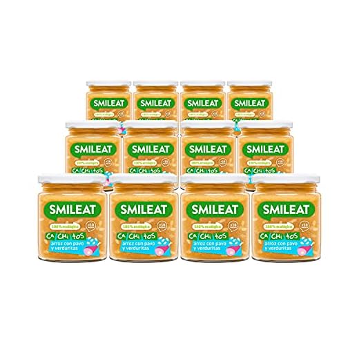 Smileat - Tarritos Ecológicos CA-CHI-TOS de Arroz con Pavo y Verduras, con Trocitos e Ingredientes Naturales, para Bebés desde los 10 Meses, Sano y Saludable, Sin Gluten - Pack de 12 x 230 g = 2760 g