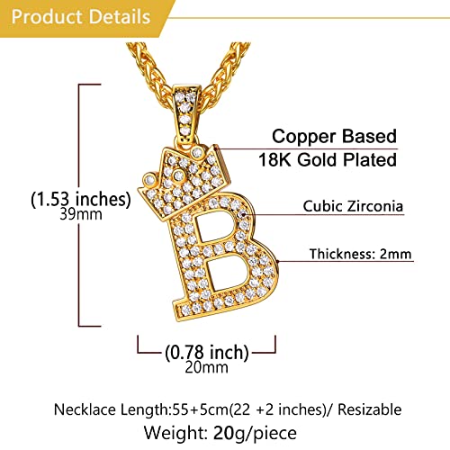 U7 Initial Necklace For Men Women Hip Hop Iced Out Jewelry 18K Gold Plated Bling Tennis Letter Pendant Rope Chain With Letter B, 22 Inch #TOP4
