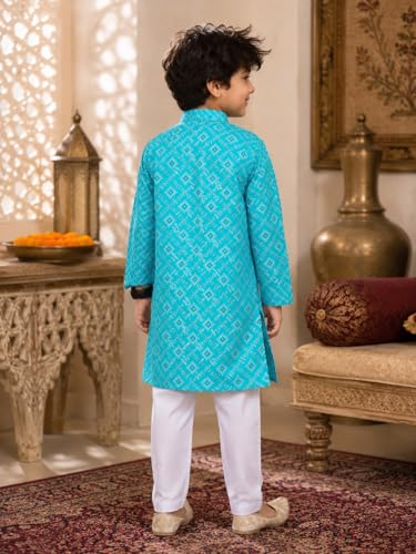 Image of superminis Boys Silver Foil Printed Kurta, Round Collar, Full Sleeves With White Pyjama Cotton Kurta Set