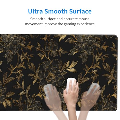 Image of Black and Gold Flowers Extended Gaming Mouse Pad, with Stitched Edges Large Mouse Pad Desk Protector, Rubber Base Mousepad Keyboard Mouses Mat for Work Game Office Home- 32 inch X 12 inch Inch,E143