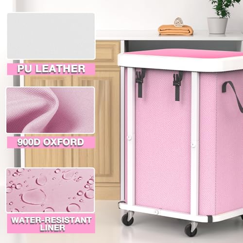 Image of 150L (40 Gal) Large Fashion Laundry Basket with Wheels, Leather Patchwork Rolling Hamper Carts, Sturdy Metal Frame, Removable Washable Bag, Tall Clothes Sorter for Bedroom, Laundry Room - Pink
