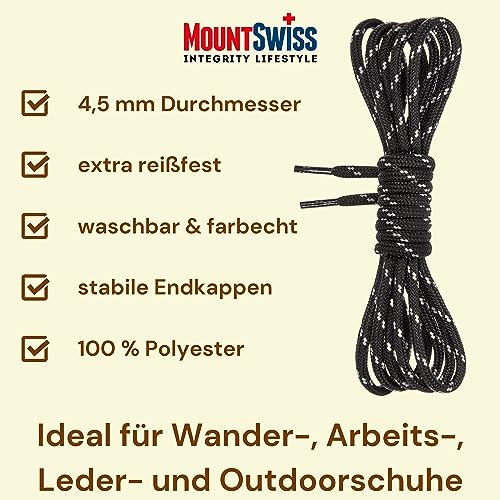Mount Swiss runde Premium-Schnürsenkel für Arbeitsschuhe, Wanderschuhe und Trekkingschuhe - Polyester - ø 4,5 mm - sehr reißfest - Farbe Schwarz-Grau Länge 120cm