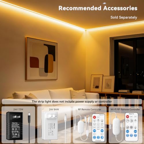 Image of PAUTIX COB LED Strip Light 20ft /6.1m 3087LEDs Warm White 2000K CRI90+ High Lumen,DC24V Flexible LED Tape for Cabinet Home DIY Lighting Projects with 1pcs COB Connector Wire(Power Supply Not Included)
