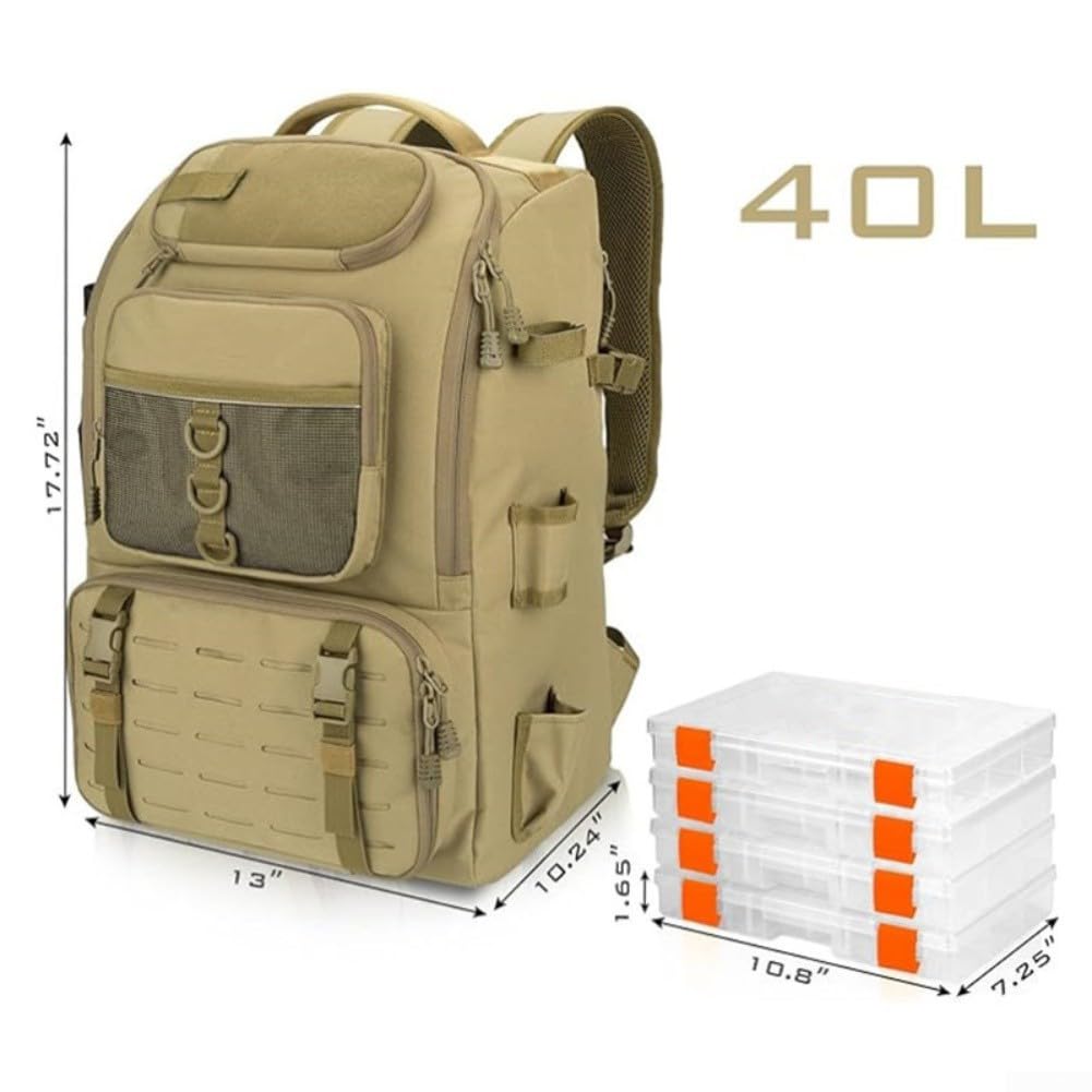 Drawup Zaino da pesca da 40 l con supporto per canna, impermeabile, per pesca al mare e alla carpa, nero, Marrone, L, Tattico