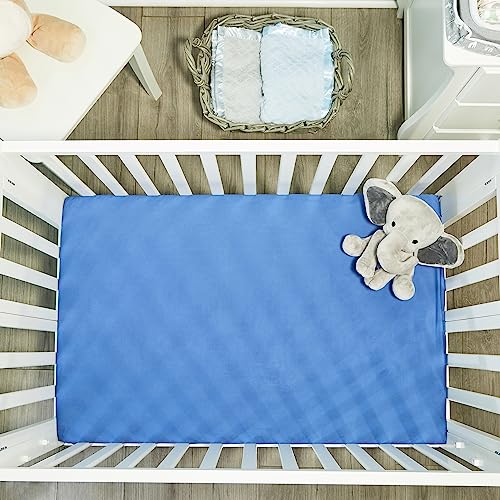 Image of 2 Pack n Play Mattress Sheets - 100% Percale Weave Cotton Soft Portable Crib Mattress Sheets for Boys with Jungle Sports and Solid Blue Design; 2 Pc Playpen Mattress or Mini Crib Sheet Fitted Set