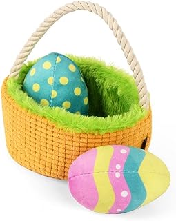 P.L.A.Y. Cute Plush Dog Toys - Hippity Hoppity Easter Themed Durable Squeaker Chew Toy, Great for Puppies & Small, Medium, Large Dogs - Machine Washable, Recycled Materials (Egg-cellent Easter Basket)