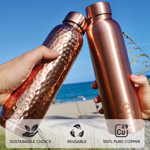 Image of 100% Pure Copper Water Bottle for Drinking Water - 34 oz (1000ml) Hammered Finish with Leak-Proof Lid | Copper Vessel for Yoga, Gym, Office, Home & Travel