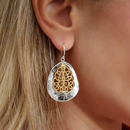 Jean Rachel Jewelry Mixed Metal Two Tone Earrings for Women – Lace Dangle Earrings – 925 Sterling Silver & 14K Gold Over Silver – Teardrop Hammered Hypoallergenic Design2