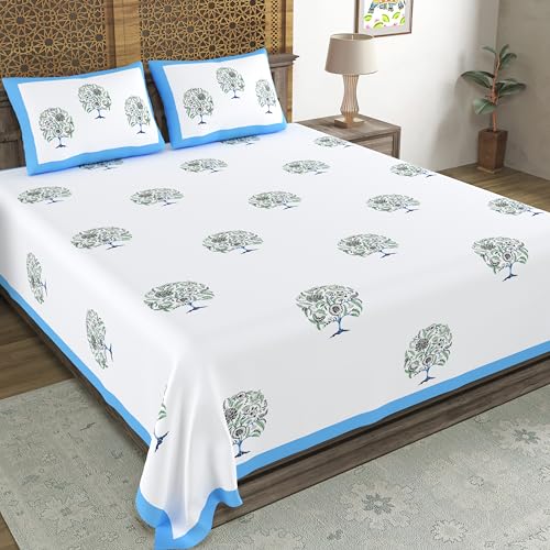 Image of BLOCKS OF INDIA Hand Block Printed 200 TC Cotton King Size Bedsheet (Blue Tree of Life)