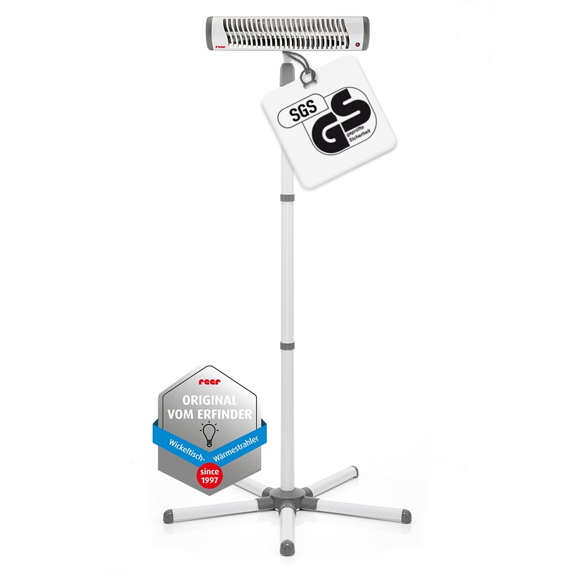 Reer EasyHeat Flex Calentador radiante para mesa cambiador con soporte Lámpara de calor para bebés Diseño compacto 1 pieza (1 paquete) Blanco (230V/500W)
