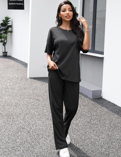 Image of JiniGolla Womens Pajama Sets Waffle Knit Short Sleeve Shirt with Long Pajama Pants Soft Sleepwear Pj Lounge Sets