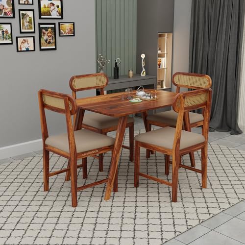 Image of Solid Sheesham Wood 4 Seater Dining Table Set for Home and Kitchen, Cane Furniture, Dining Set