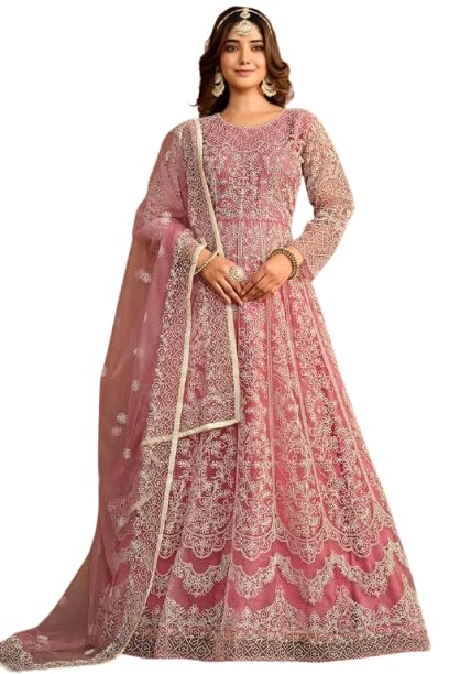 Women Net Embroidery Anarkali Semi Stitched Gown with Dupatta Set.-image-16