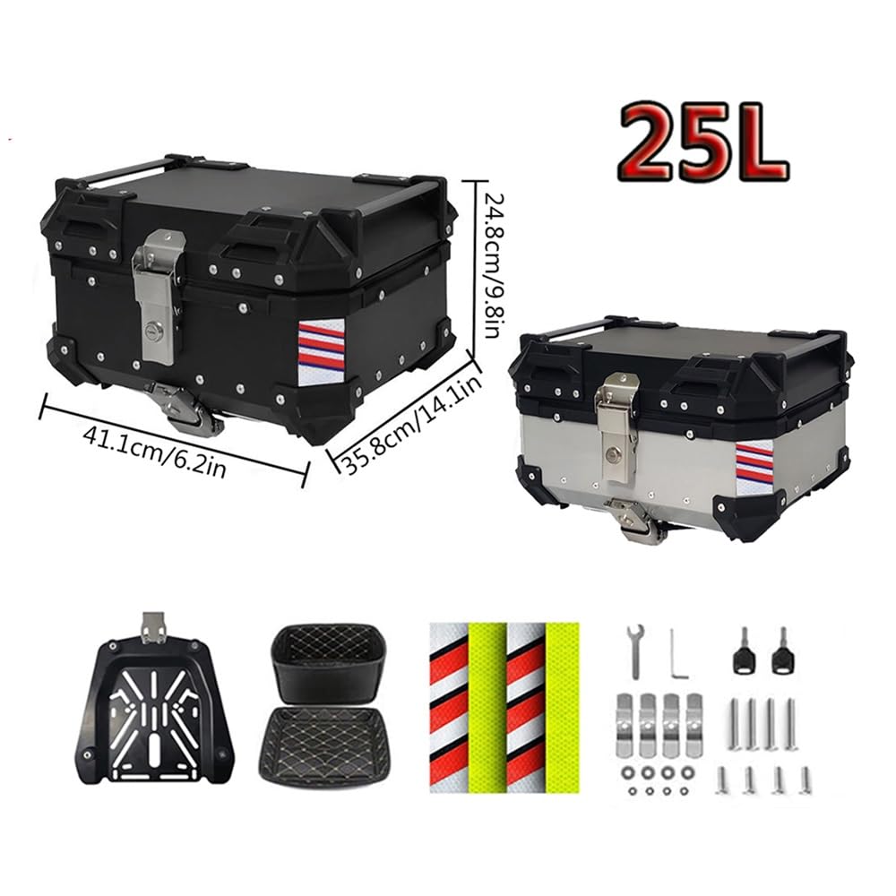 Top Case pour Scooter Roller Moto 25L 30L 36L 45L 55L 65L Coffre de Moto Aluminium Valise avec Serrure de Sécurité, Coffre Topcase pour Vélo pour Tous Les Porte-Bagages(Noir,25L)
