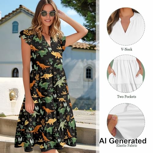 Image of Womens Summer Dress Ruffle Sleeve V Neck Dress Casual Fit Flowy Beach Vacation Sundress with Pocket S-2XL