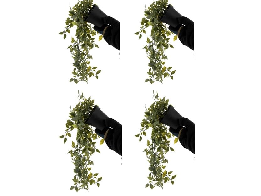Image of PAPERI Artificial Hanging Plant for Home Decor - Balcony Decoration Items, Fake Plant, Plastic Vine Leaves with Pot, Long Green Leaf Vines for Living Room, Wall, Window (Pack of 4)