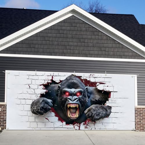 Image of 16x7ft Breaking Wall Gorilla Garage Door Banner- Smashing Brick Wall Backdrop, Large Hanging 2 cars Garage Decorations - for Halloween & Birthday Party Funny Novelty Background Sign, Man Cave Decor
